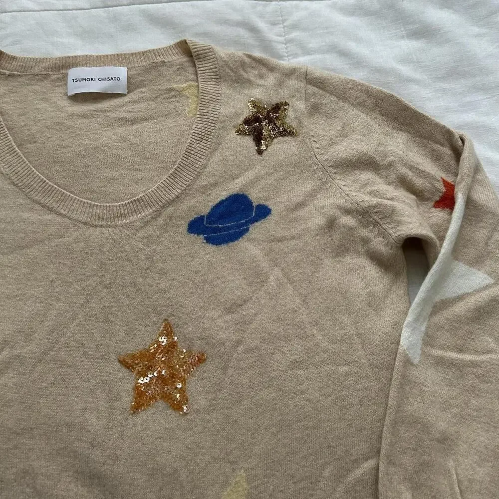 Tsumori Chisato tan sequin embroidered galaxy sweater dress - Picture 3 of 7